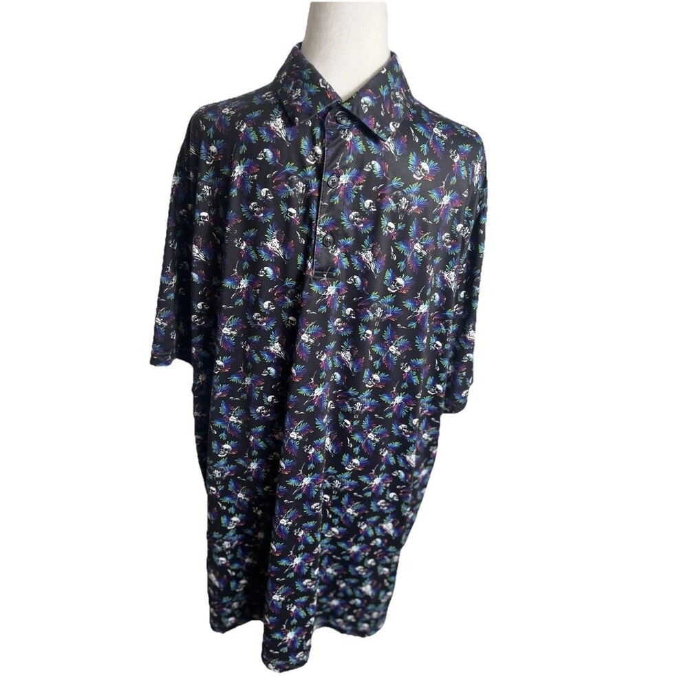 1764 Hawiian Skulls All Over Print Polo Shirt Men’s Size XL Black Multicolor